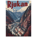 Rjukan valley with snowy mountains, riverside buildings and a cable car beneath large red lettering in a vintage poster.