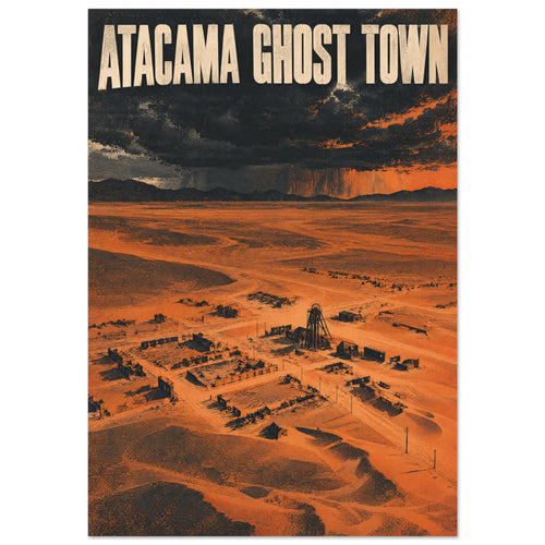 Atacama Ghost Town lettering above orange desert ruins and a skeletal tower beneath dark storm clouds.