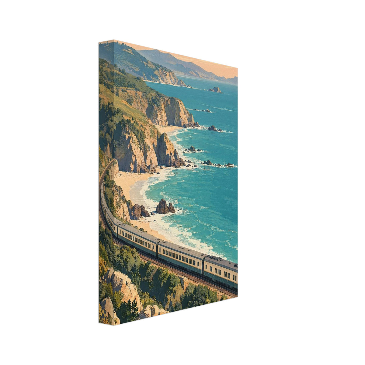 Train curving along coastal cliffs above turquoise sea, with sandy coves, green hills and sailboats beneath a peach sky.