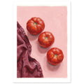 Three red tomatoes arranged diagonally on a pink surface beside a folded burgundy cloth, painted with broad brushstrokes.