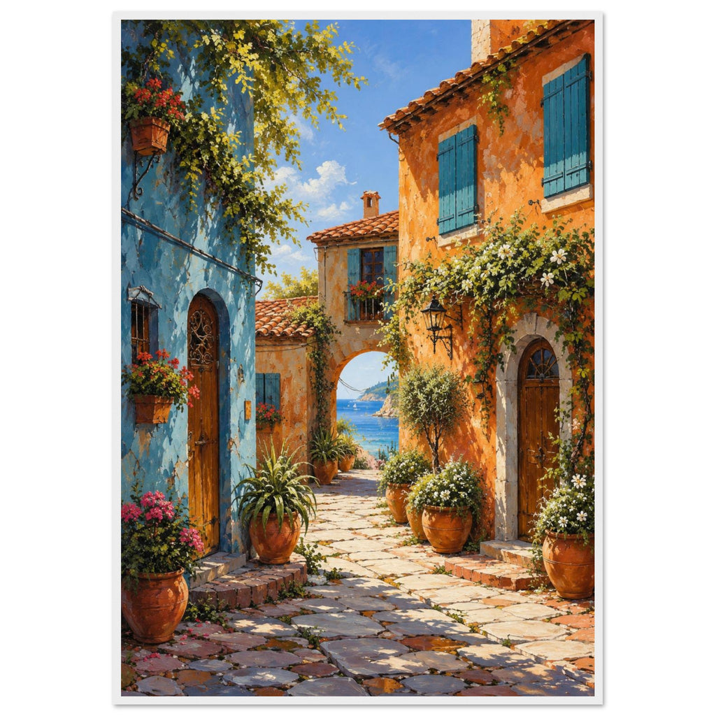 Coastal village lane with blue and orange buildings, potted flowers and a stone archway opening onto a sea view.