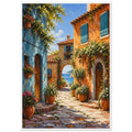 Coastal village lane with blue and orange buildings, potted flowers and a stone archway opening onto a sea view.