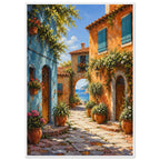 Coastal village lane with blue and orange buildings, potted flowers and a stone archway opening onto a sea view.