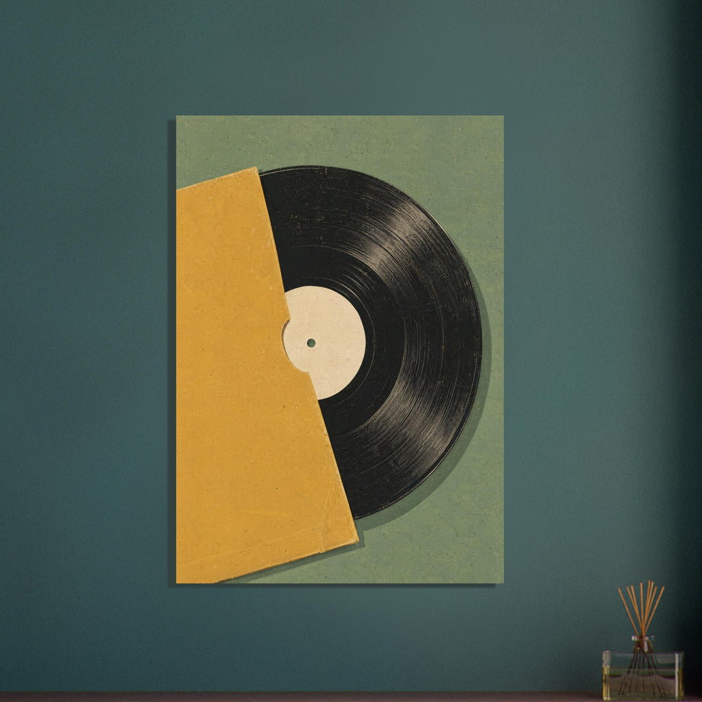 Black vinyl record with a cream label partly inside a mustard-yellow sleeve on a textured sage-green background.