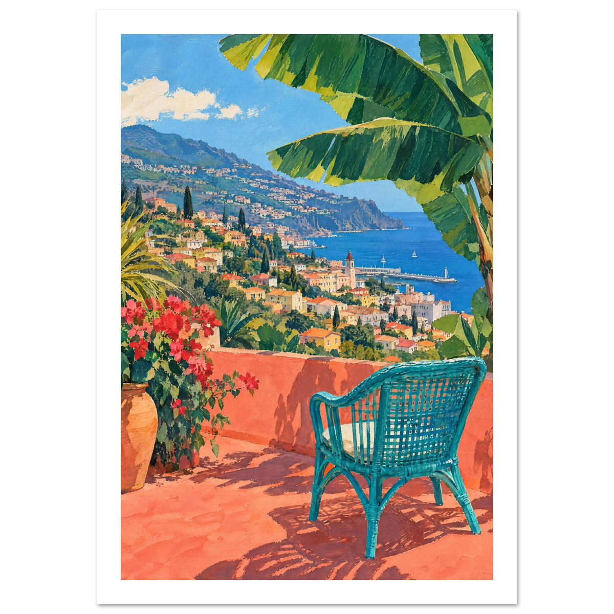 Coastal Terrace Colourful Art Print – White Border