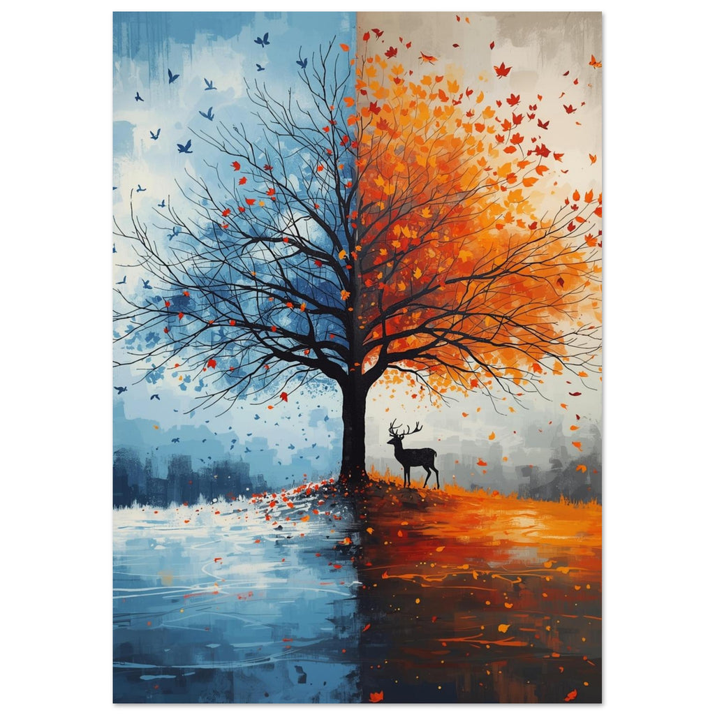 Tree divided between icy blue winter and orange autumn foliage, with flying birds, a stag and reflections below.