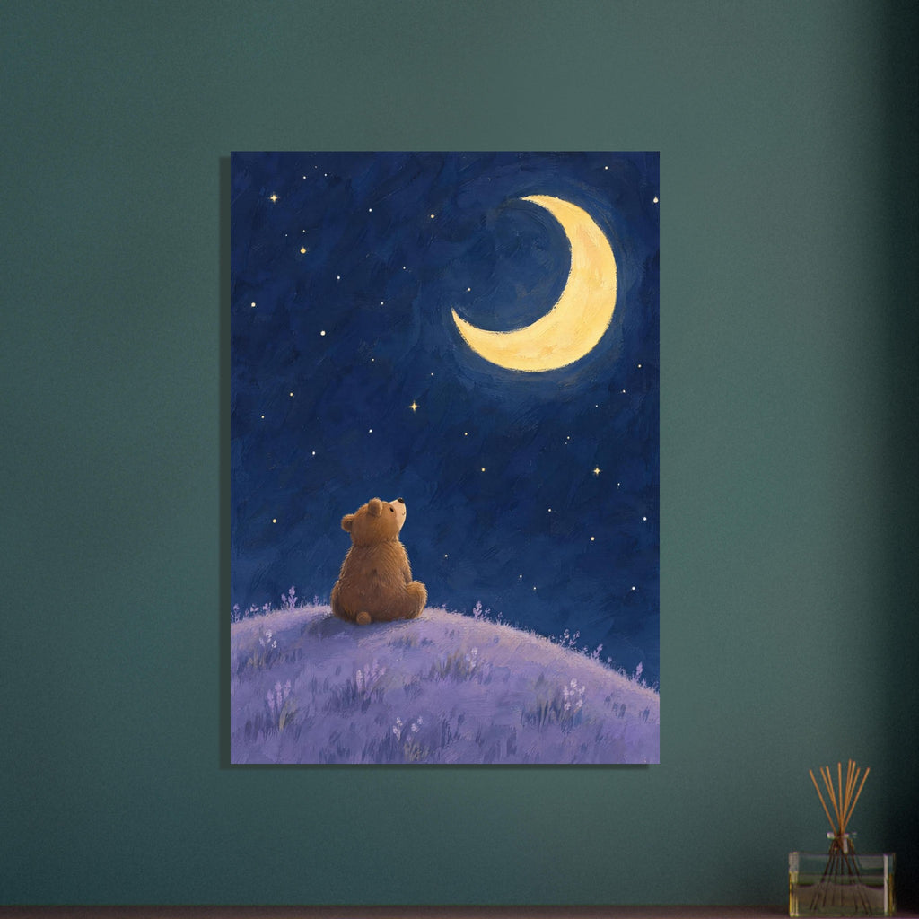 Brown bear sitting on a lilac hill, looking up at a yellow crescent moon and scattered stars in a deep blue sky.