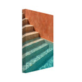 Stone steps descending into turquoise pool water beside a terracotta wall, with sunlight rippling across submerged stairs.