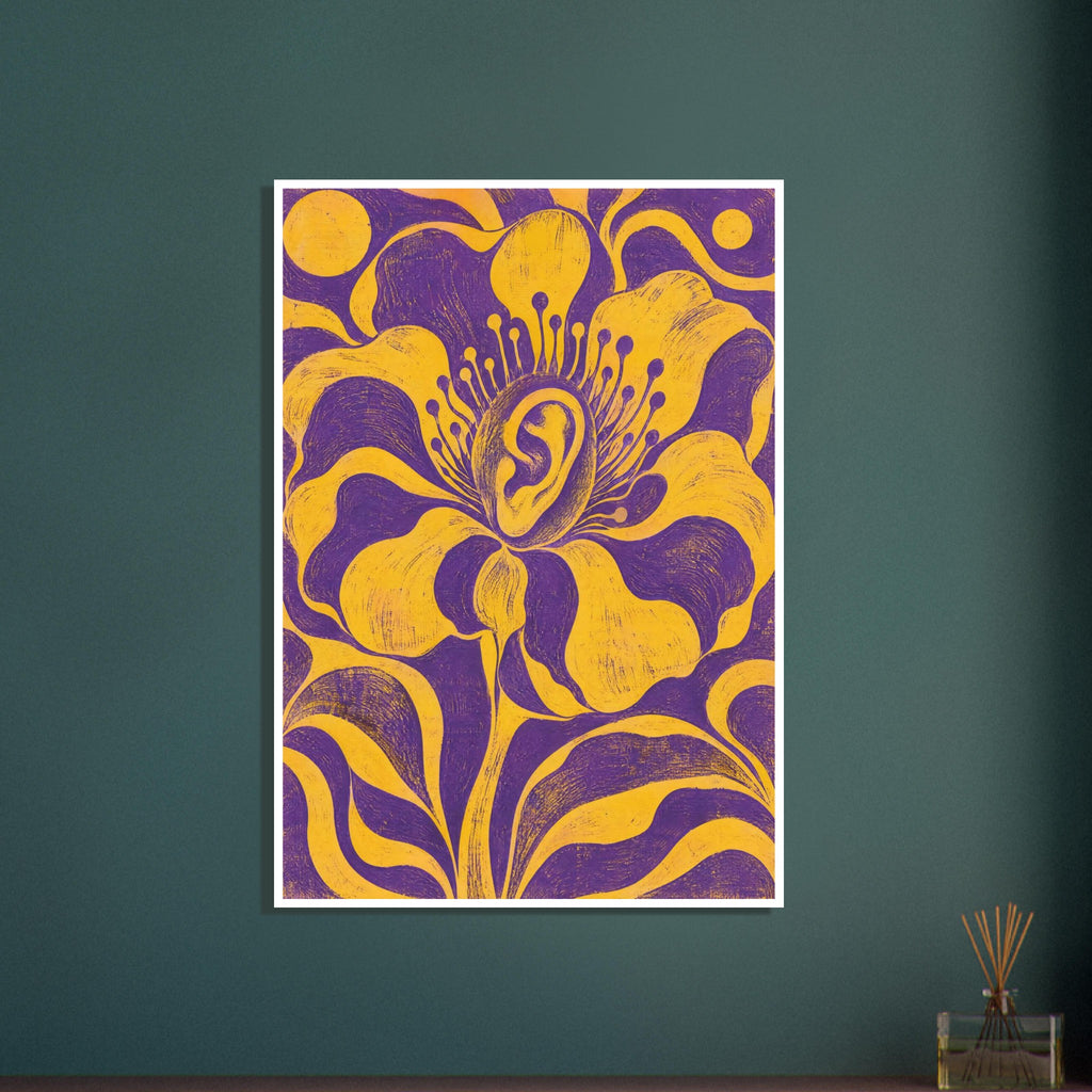 Yellow flower with a human ear at its centre, sweeping petals and curling leaves against a textured purple background.