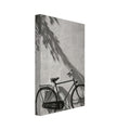 Bicycle leaning against a textured wall with long leafy shadows above and stone paving below, in black and white.