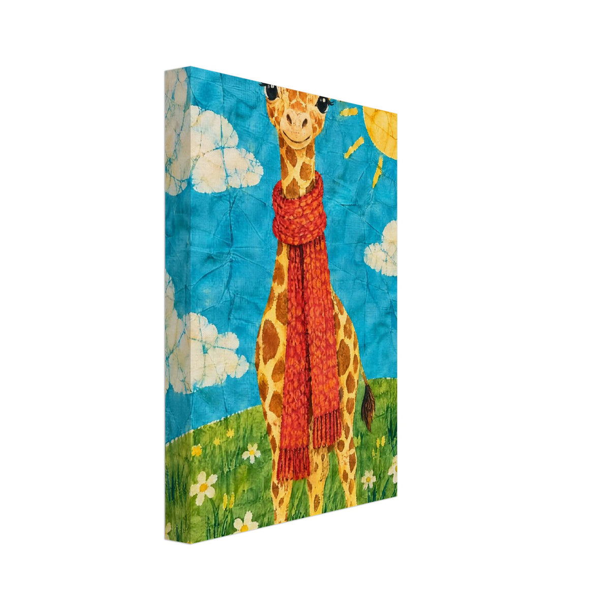 Vänlig gul giraff med lång halsduk på en grön kulle under turkos himmel.