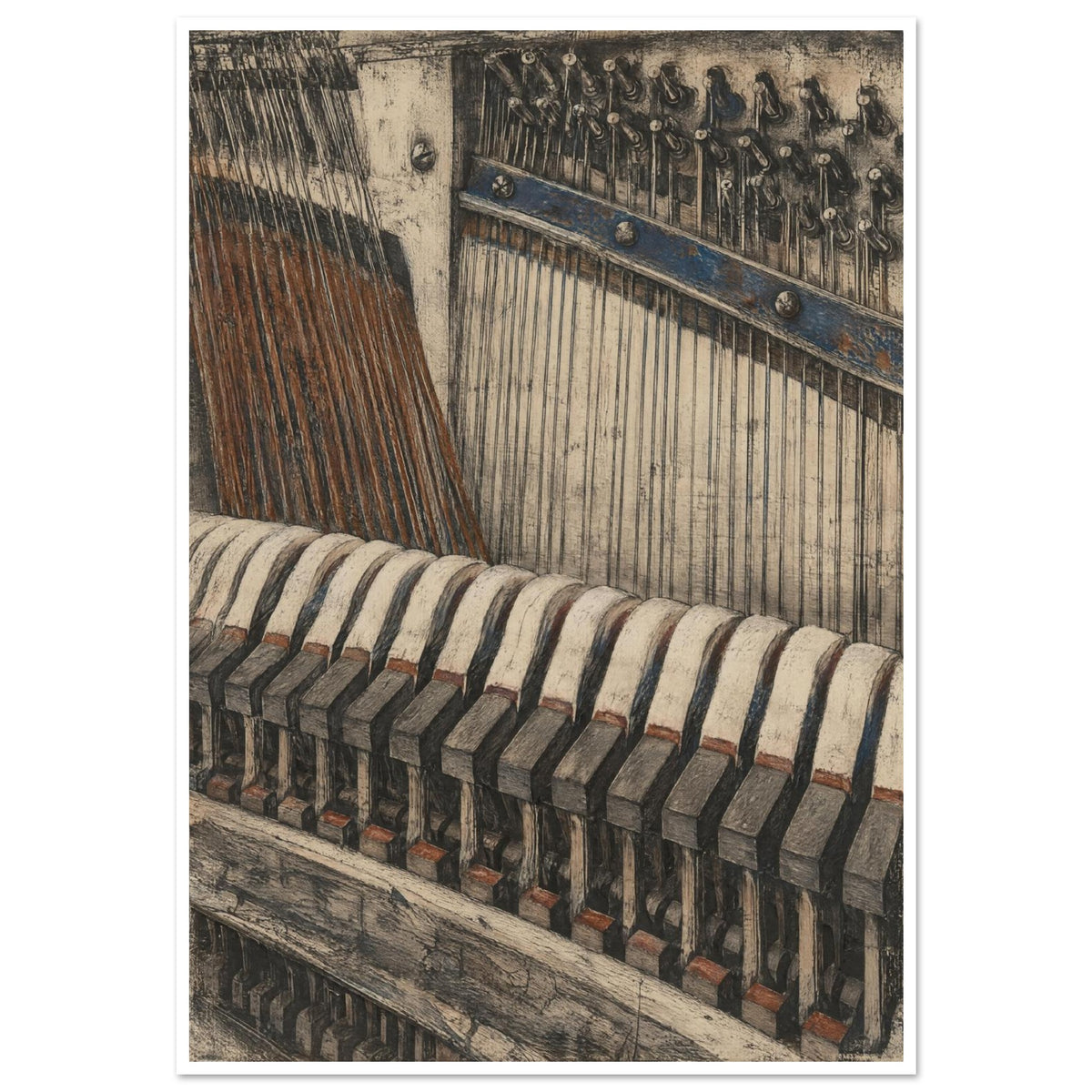 Upright piano interior with strings, tuning pins and cream felt hammers, drawn in textured brown, charcoal and muted blue.