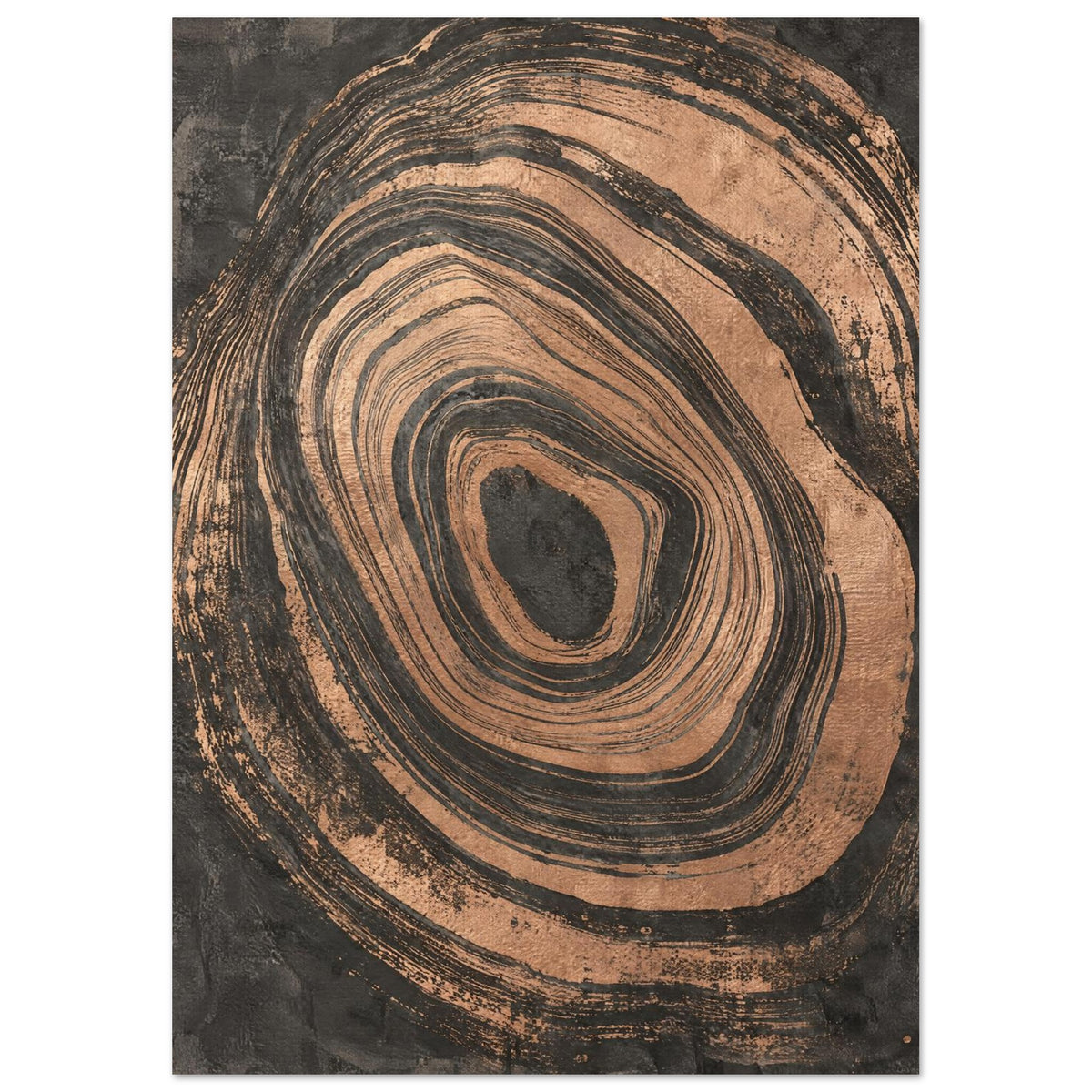 Irregular copper-toned concentric rings with distressed edges surrounding a dark centre on a textured charcoal background.