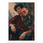 Man With Dahlia Portrait Art Print – White Border