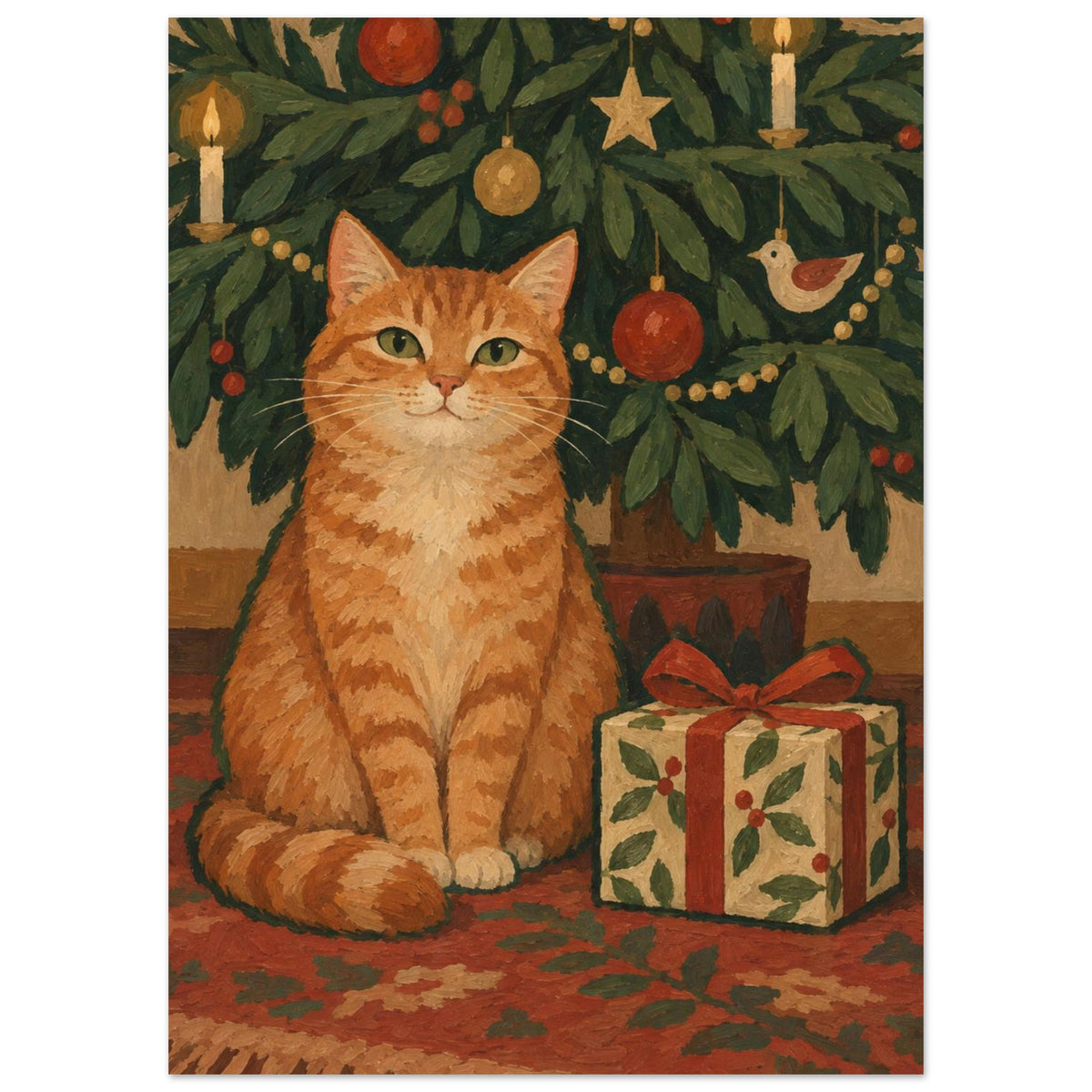 The Cat Who Waited shows a ginger cat beside an unopened present beneath low Christmas tree branches, with thick green painte