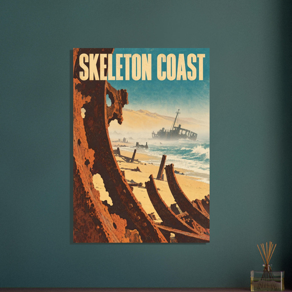 Skeleton Coast lettering above rusted shipwreck ribs, a sandy beach, teal waves and a distant wreck in the surf.