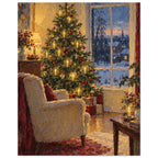 Christmas Eve by the Window shows a glowing tree and empty armchair beside a tall window, painted with thick contours and sma