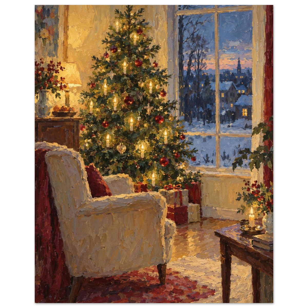 Christmas Eve by the Window shows a glowing tree and empty armchair beside a tall window, painted with thick contours and sma