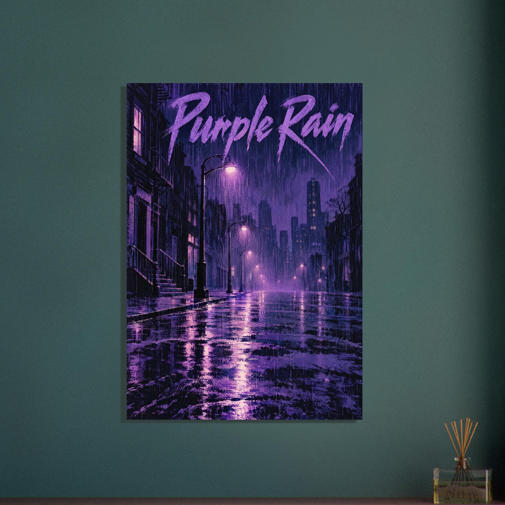 Purple Rain lettering above a dark city street with falling rain, glowing street lamps and purple reflections on wet paving.
