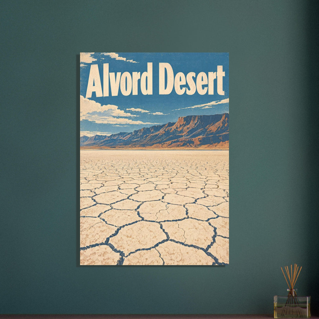 Alvord Desert poster with cream lettering, blue sky, rugged mountains and a cracked desert floor in a distressed retro style.