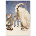 Two children face a figure in a horned goat mask and shaggy cream cloak beneath stars, with parcels and snowy fir trees.