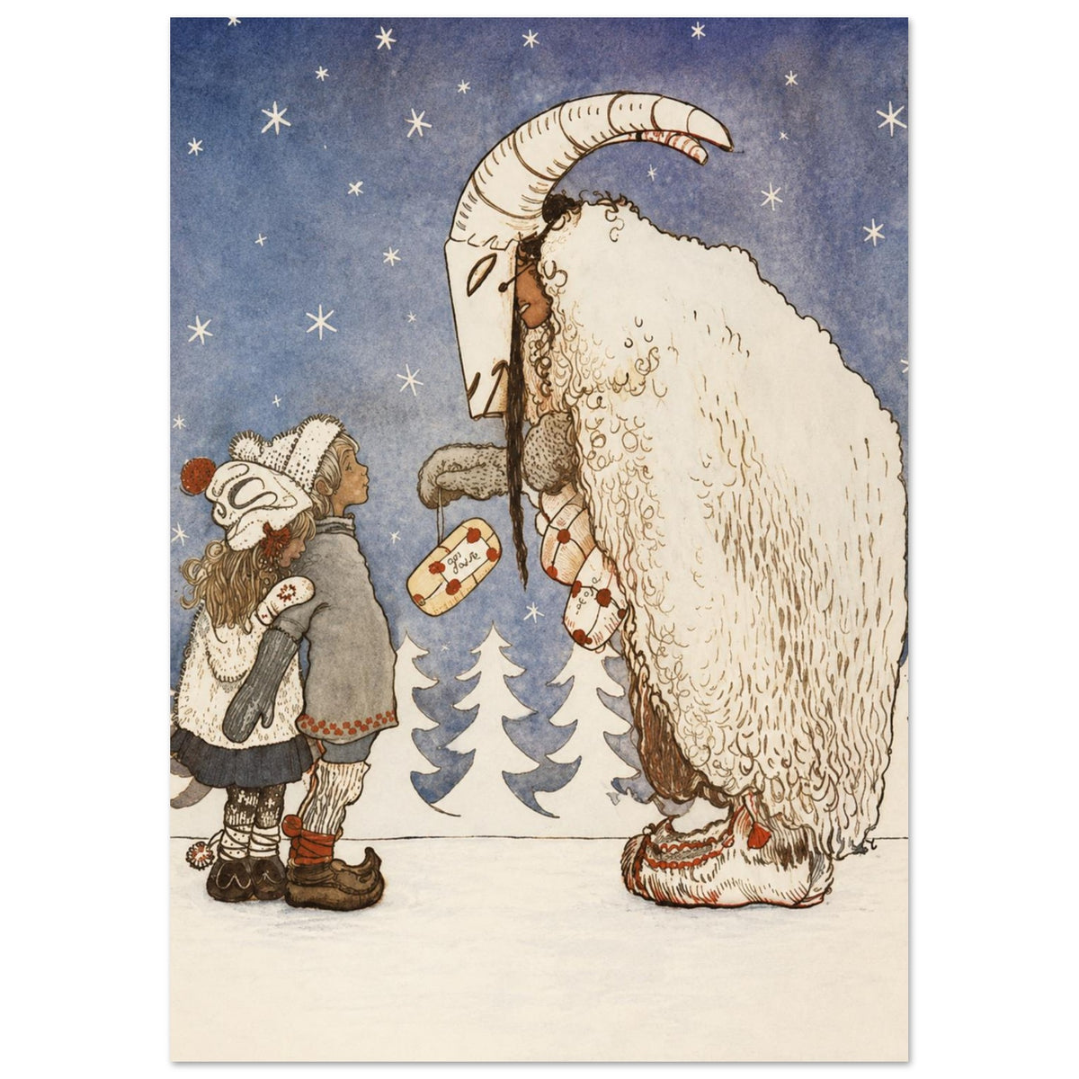 Two children face a figure in a horned goat mask and shaggy cream cloak beneath stars, with parcels and snowy fir trees.