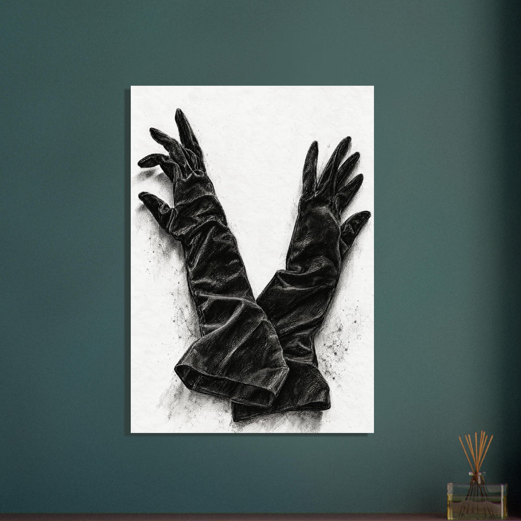 Two long black gloves crossed at the cuffs, with spread fingers and detailed folds against a pale textured background.