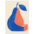 Stylised blue and coral pear with a blue leaf and geometric base, rendered in a distressed texture on cream.