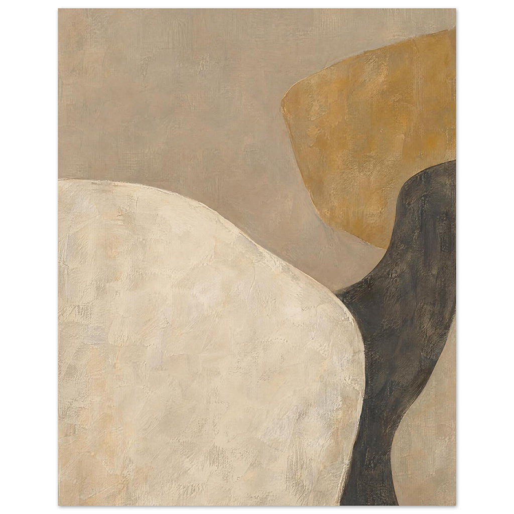 Soft Architecture abstract with interlocking ivory, taupe and ochre forms, a charcoal curve and softly brushed edges.