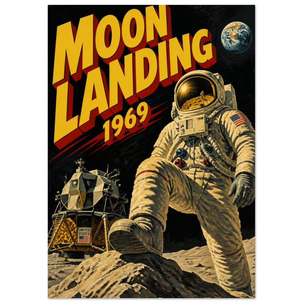 Astronaut on rocky lunar ground beside a lunar module, with Earth above and bold yellow ‘Moon Landing 1969’ lettering.