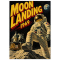 Astronaut on rocky lunar ground beside a lunar module, with Earth above and bold yellow ‘Moon Landing 1969’ lettering.