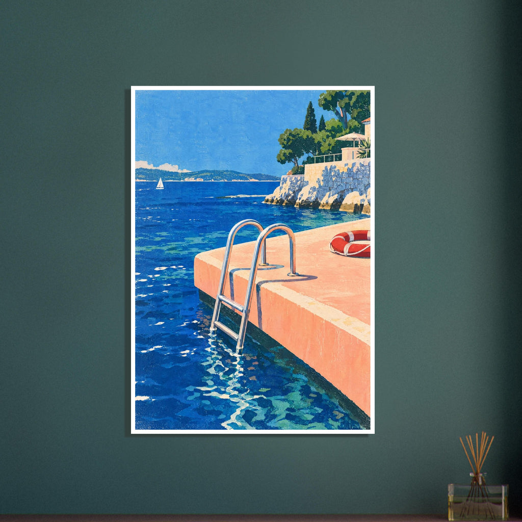 Swimming ladder descending from a peach platform into blue sea, with a red lifebuoy, sailboat and tree-lined stone terrace.
