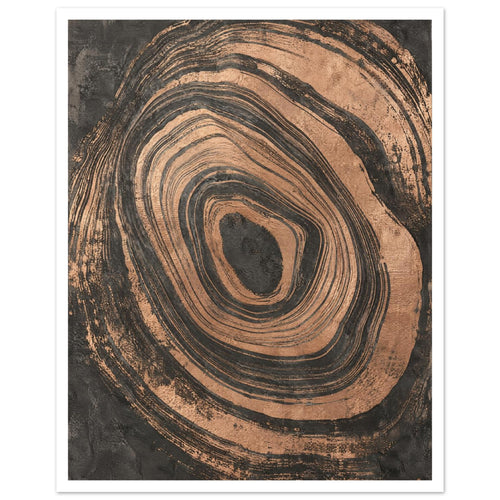 Irregular copper-toned concentric rings with distressed edges surrounding a dark centre on a textured charcoal background.