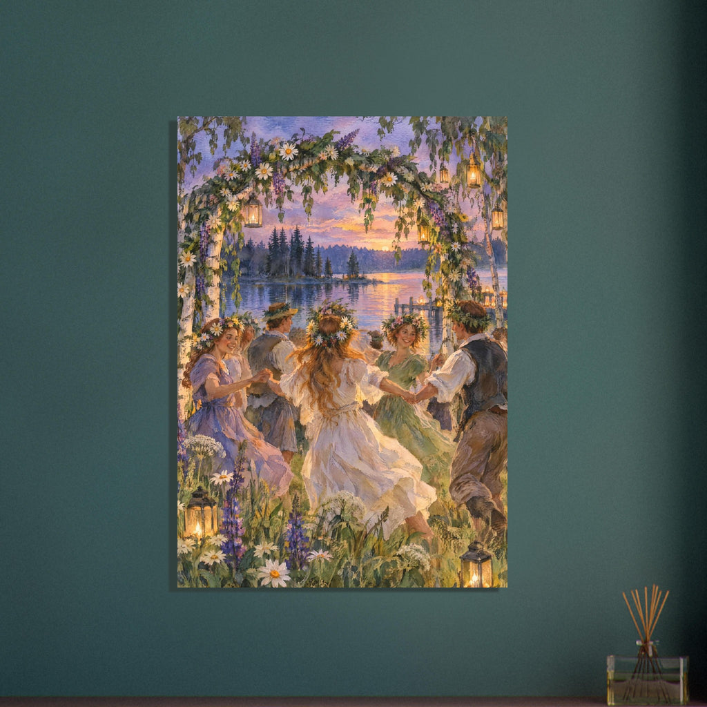 Flower-crowned dancers holding hands beneath a floral arch with lanterns, beside a lake at sunset.