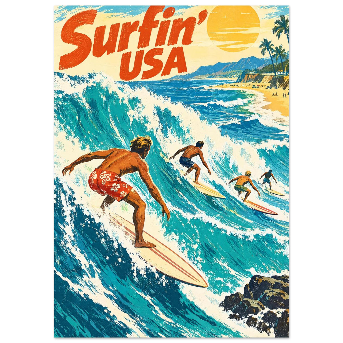 Surfin’ USA Retro Surfing – illustration wall art print by Printavelle – close-up