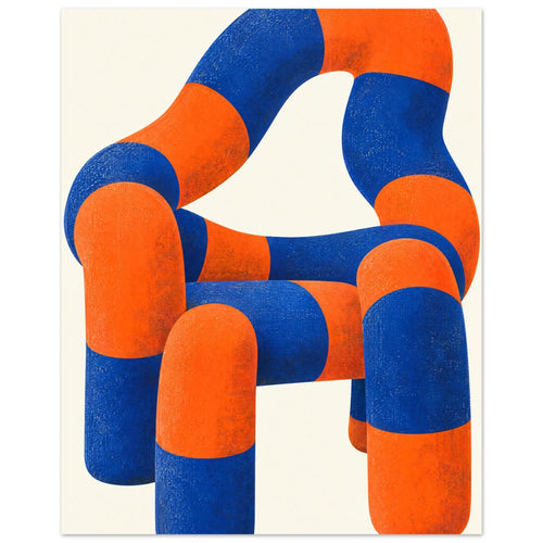 Sculptural chair made of rounded blue and orange sections with mottled texture against a cream background.