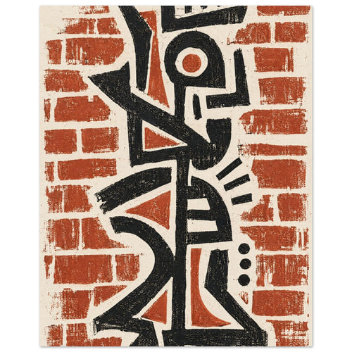 Black abstract geometric forms over terracotta brick shapes on a cream background, with a rough, distressed texture.