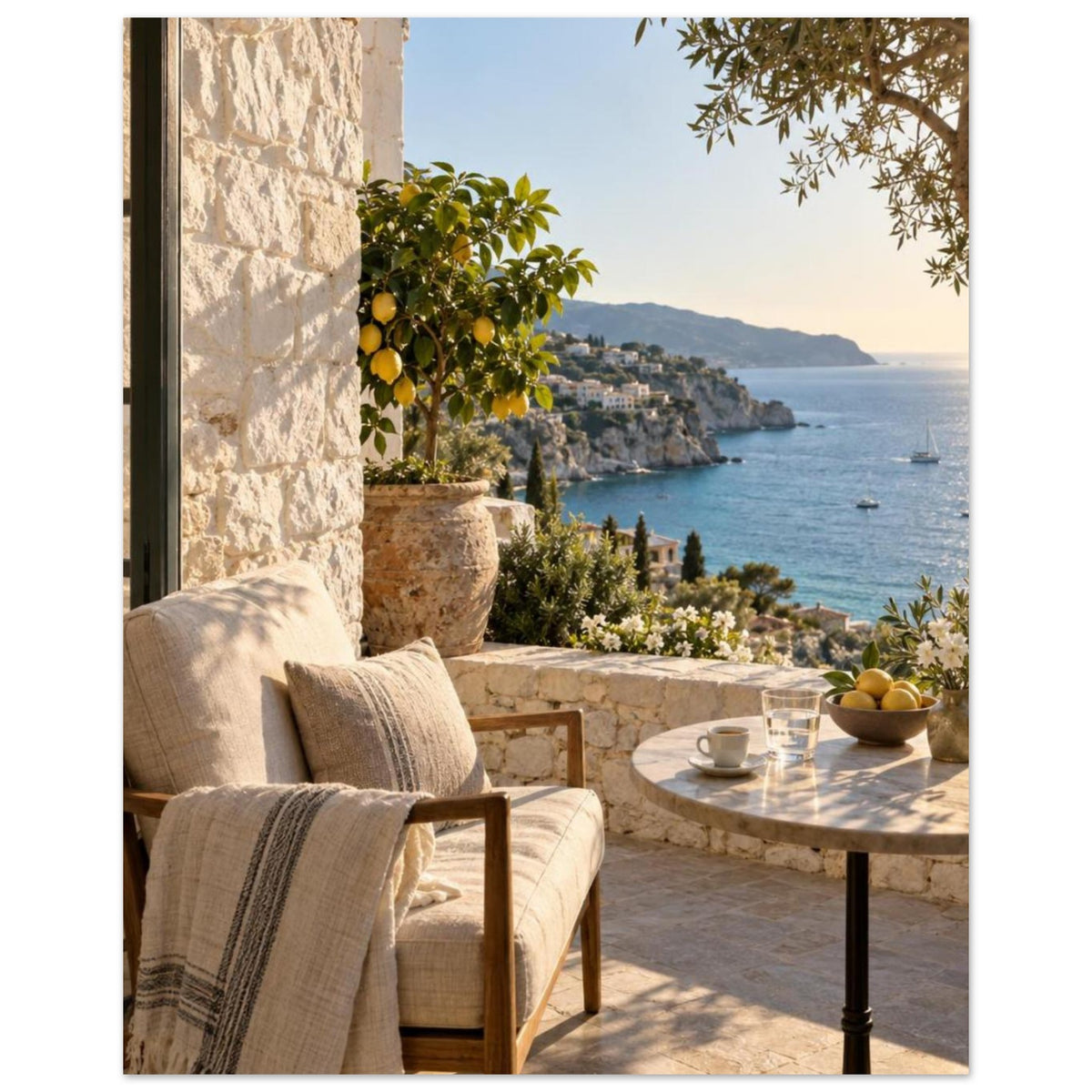 Lemon tree on a stone terrace with a cushioned chair, round table and blue sea overlooking a rocky coastline.