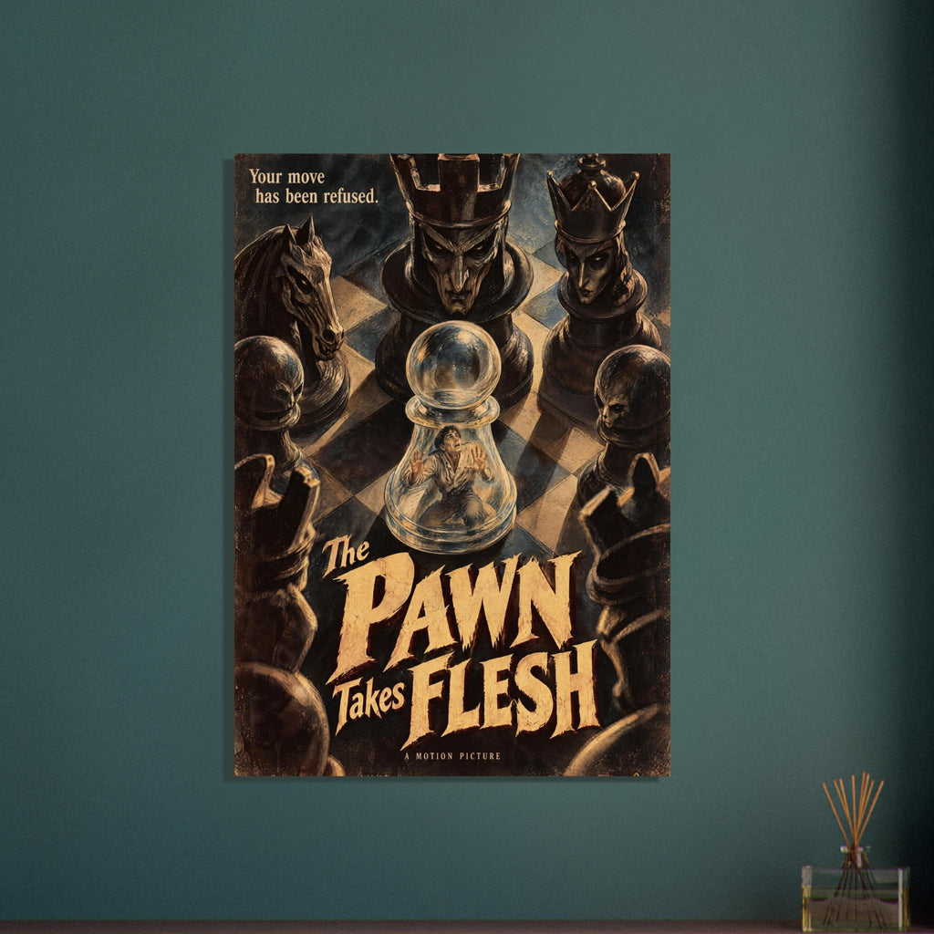 Chess pieces surround a man trapped inside a transparent pawn, with distressed lettering reading ‘The Pawn Takes Flesh’.