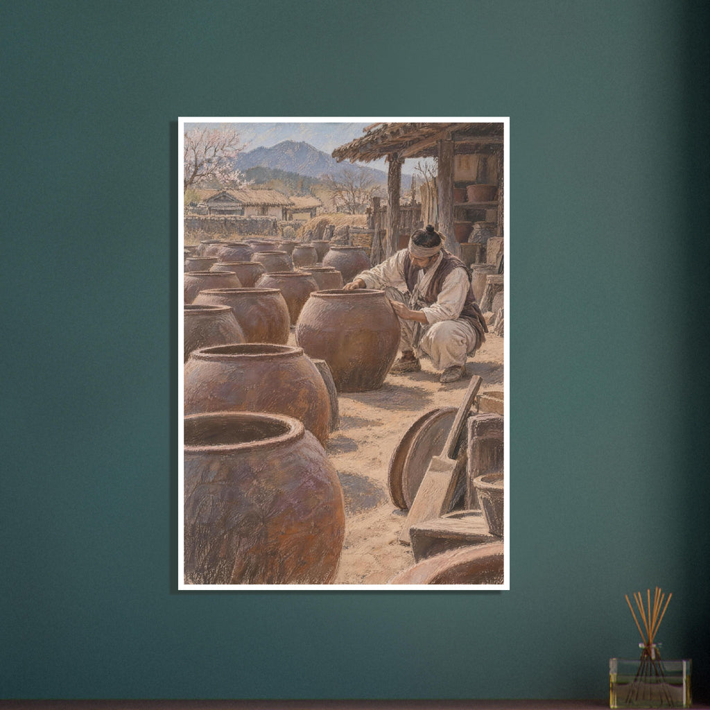 Potter crouching beside large brown clay jars in a rustic courtyard, with timber buildings and mountains beyond.