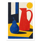 Blue pear and tall red jug on a yellow table, with dark shadows, a cream background and a yellow circle above.