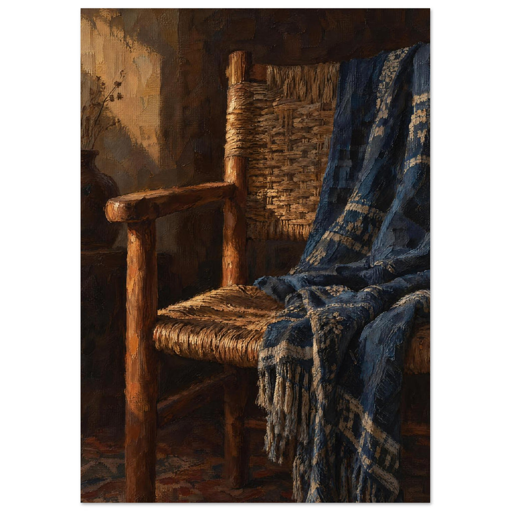 Wooden woven chair draped with a patterned blue fringed throw, painted in warm light against a dark brown interior.
