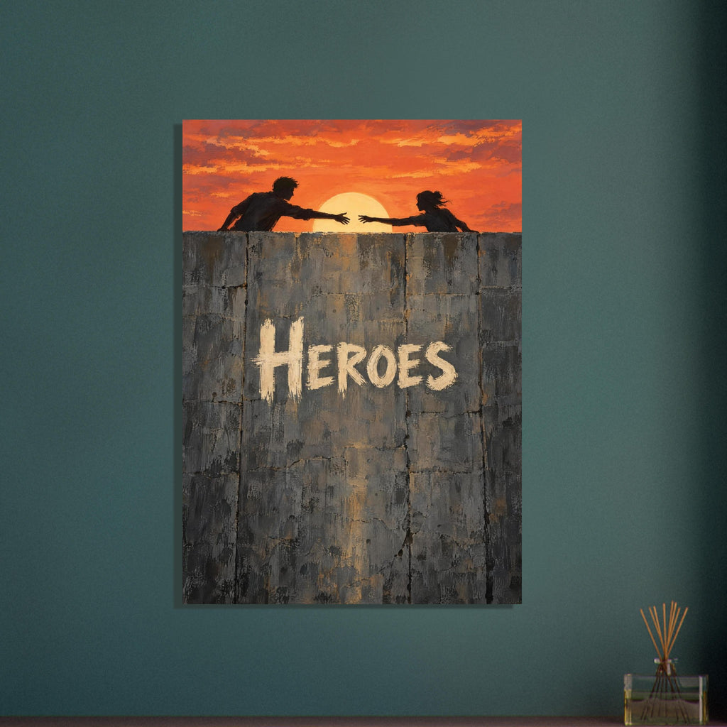 Two silhouetted figures reaching towards each other at sunset above a cracked grey wall bearing the word ‘Heroes’.