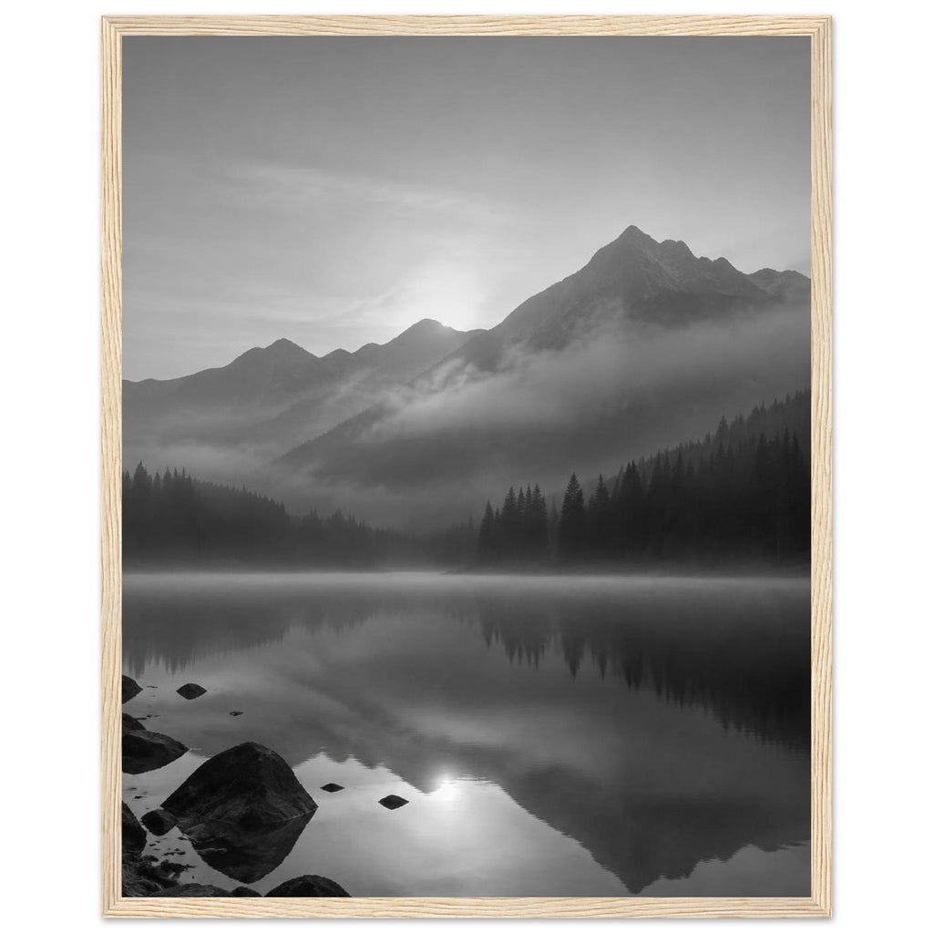 Mountain peaks and conifer forests reflected in a misty lake, with rocks in the foreground, in black and white.