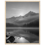 Mountain peaks and conifer forests reflected in a misty lake, with rocks in the foreground, in black and white.