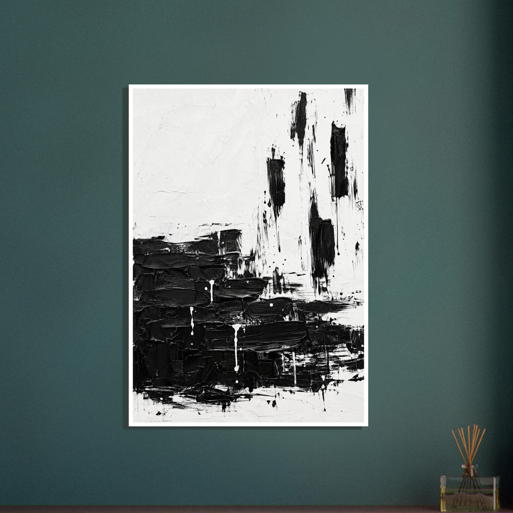 Black and white abstract composition with thick horizontal brushstrokes below, vertical marks above and scattered paint drips