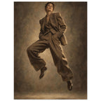 Suit in Suspension, a full-length model caught mid-jump in an oversized brown trouser suit against a sand-toned studio backgr