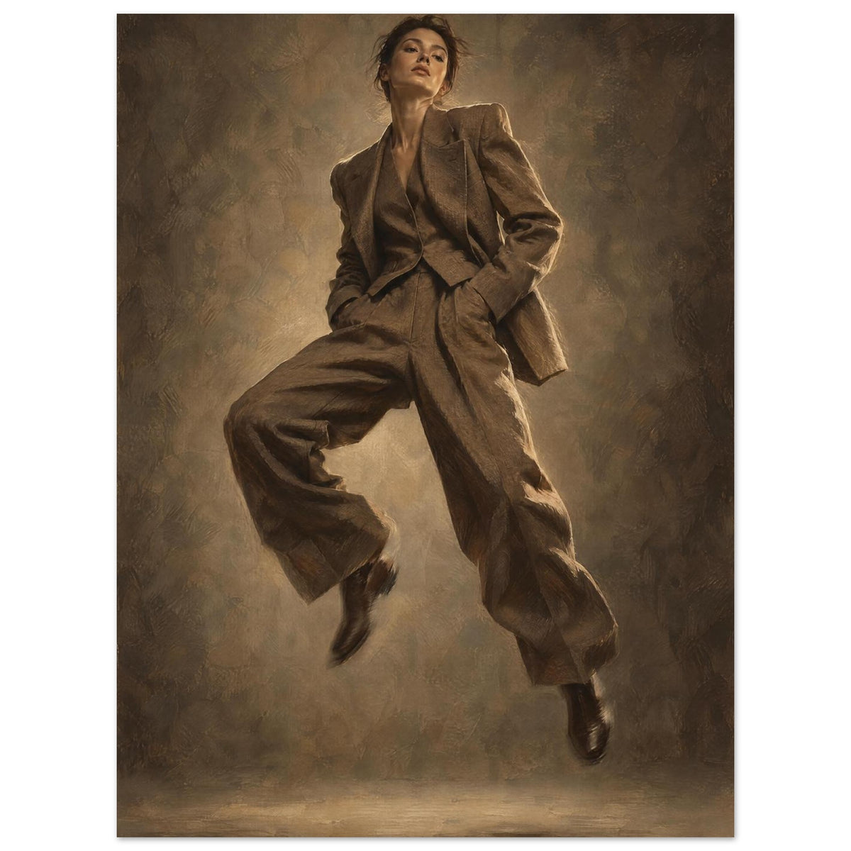 Suit in Suspension, a full-length model caught mid-jump in an oversized brown trouser suit against a sand-toned studio backgr