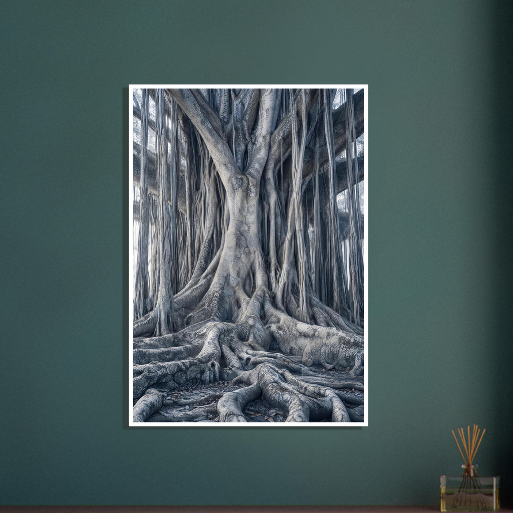 Banyan tree with intertwined trunks, hanging aerial roots and thick spreading roots in muted blue-grey tones.