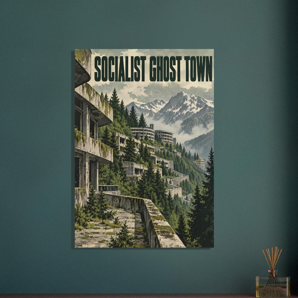 Overgrown concrete buildings among evergreen trees beneath snowy mountains, with large Socialist Ghost Town lettering.